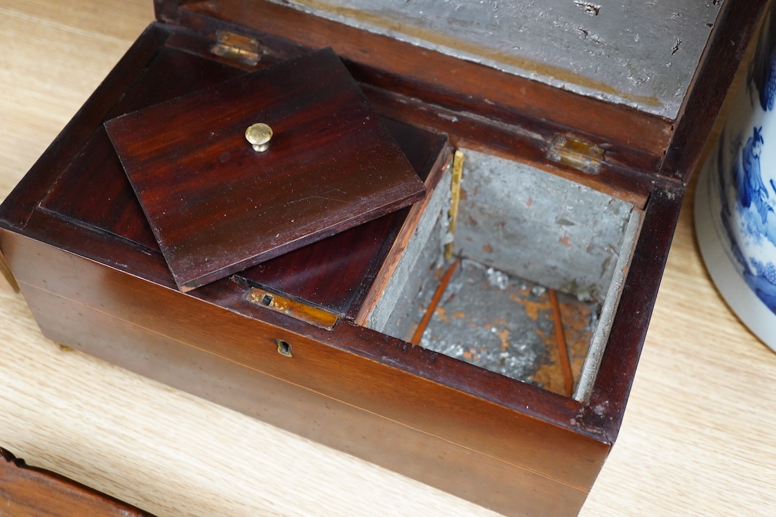 A Chinese padouk wood stand and a Victorian mahogany tea caddy, largest 36cm wide